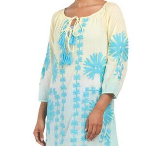 Debbie Katz Elia Blue Embroidered Tassel Tunic Mini Cover Up Yellow/Blue Size XS